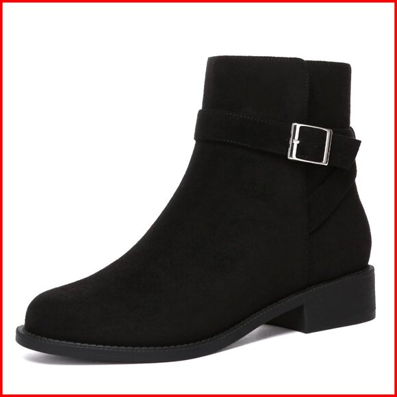 Chunky Low Heel Ankle Booties Round Toe Buckle Leather Boots